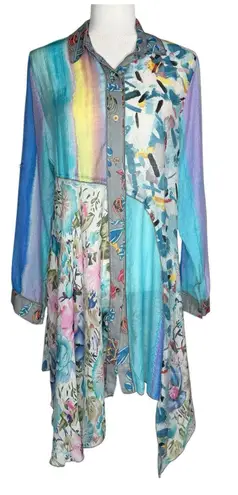 Fleur de Lis Anthropologie Asymmetric Tunic Dress Roll Tab Sleeve L Sheer Flowy Size L