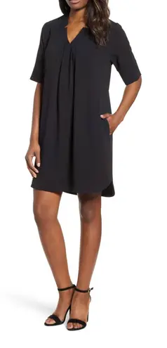 Bobeau Stretch Crepe Pleat Front Curved Hem Black Shirt Dress Size Medium