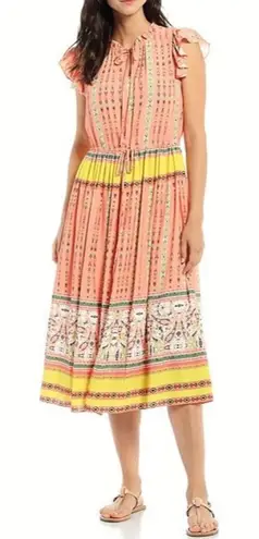 Gibson Latimer Gibson & Latimer Border Print Midi Dress Size Medium Tie Front Ruffle Orange New - Image 1