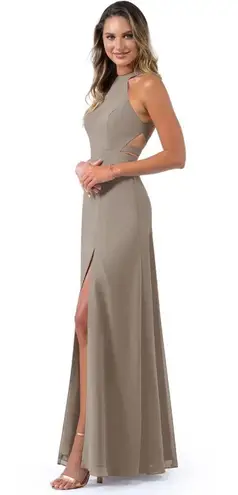 Azazie NWT CLARICE A-Line High Neck Chiffon Floor-Length Dress Taupe Size A4