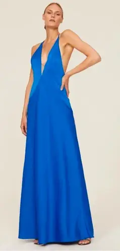 Aidan Mattox Azure Blue V-Neck Satin Halter Bias Draped Gown Dress