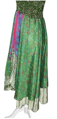 Vintage Silk Pixie Dress S/M Midi Smocked Layered Boho Cottage Gypsy Fairy