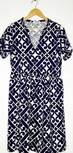 Boden Easy Notch Neck Jersey Dress – Navy/White Geometric Print, Size 10L Blue