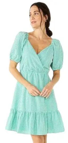 Draper James  RSVP Dress Womens XL Gingham Surplice Bubble Sleeve Peplum Green