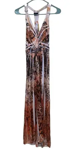 Chesley women's size medium maxi dress peach cream black tie back butterfly