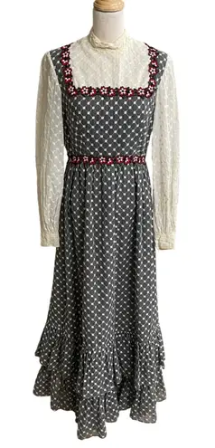 Vtg Floral Embroidered Maxi Dress Mock Neck Lace Ruffle Victorian sm