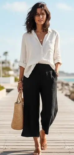 Tahari Linen Wide Leg Pants Women's Small Black Pull On Crinkle Textured Resort