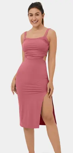 Halara 09H3.- Ruched Backless Crisscross Lace Up Split Bodycon Midi Casual Dress.