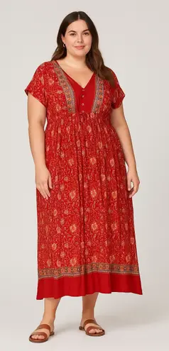 Floral Blooming Red Boho Maxi Dress XXL Empire Waist Button V