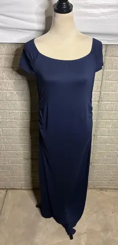 Mother Bee Maternity Navy Ruched Maxi Dress Short Sleeve Scoop Neck Size L Blue
