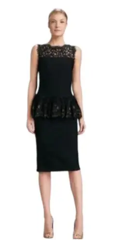 Tadashi Shoji Pintuck Peplum Sleeveless Stretch Sheer Lace Dress Black Medium