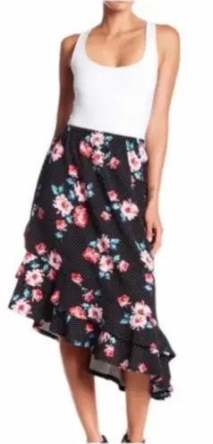 Bobeau Black Floral Polka Dot Ruffle Hem Midi Skirt Small