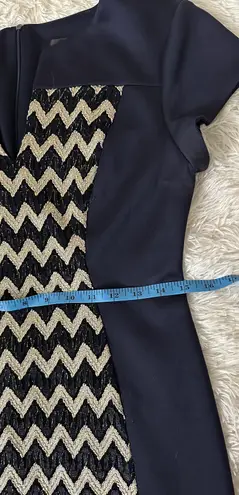 Connected Apparel Navy Sheath Metallic Chevron Split Neck Dress