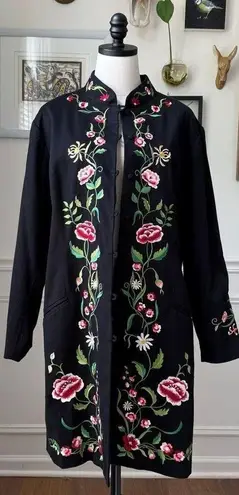 Victor Costa Occasion Floral Embroidered Coat Tunic Jacket Vintage Size 1X Black