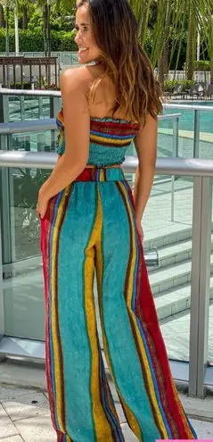Cider Medium Boho Teal Red Green Multi Smocked Bandeau Top and Wide Pants Set