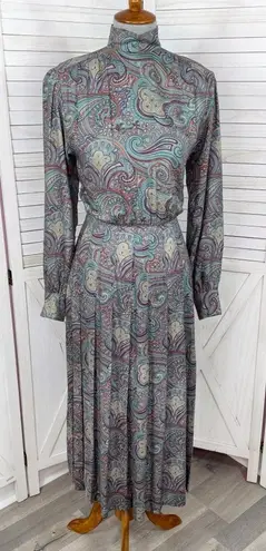 Vintage J.G. Hook Paisley Pleated Skirt Mock Neck Maxi Dress Green Multi 4