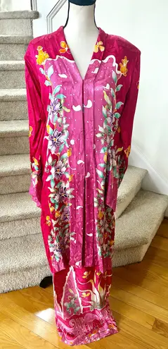 Vintage 90s Batik Pink Thai Floral Print Duster Jacket & Maxi Skirt Kaftan SET Size 12