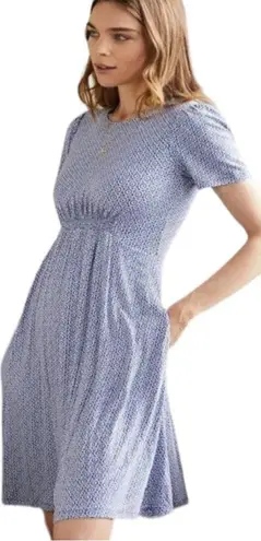 Boden Crew Neck Smocked Jersey Mini Dress Size 8R Bluebell Geo Blooms Blue