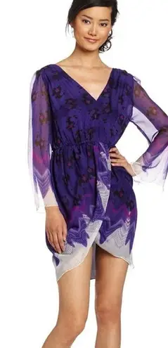 Aryn K Purple Silk Dress Size M 100% Silk Print V-Neck Elastic Waist Fairycore