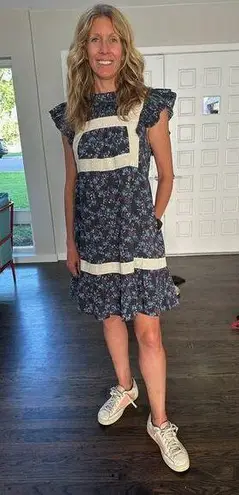 SEA NEW YORK Dark Blue Floral Cotton Lace Trimmed Tilly Tunic Dress Size 14