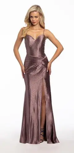 Camille La Vie Purple Mauve Studded Trumpet Formal Dress w/ High Leg Slit - 8