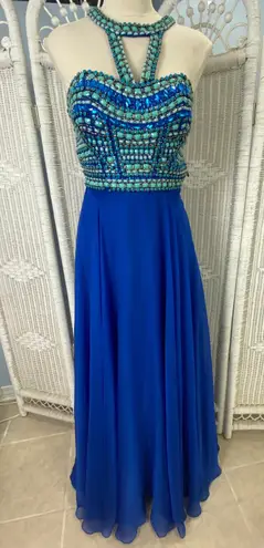 Rachel Allen Rachel Allan Royal Blue Beaded Prom Gown Cutout Back Formal Dress Size 8