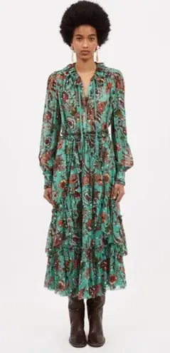 Ulla Johnson Audette Tiered Floral Silk Chiffon Dress Aqua Multi Size 6