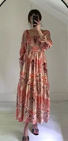 FATE. Printed Puff Sleeve Smocked Midi Dress Coral/Pink Size M