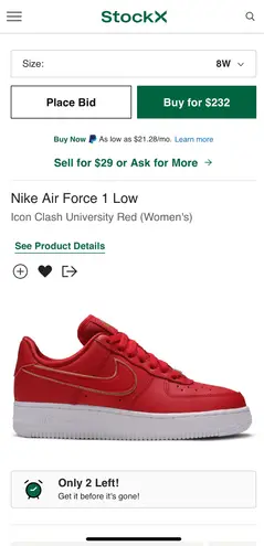 Nike - Women’s Air Force 1 Low Red Gold Swoosh Sneaker, Size 8