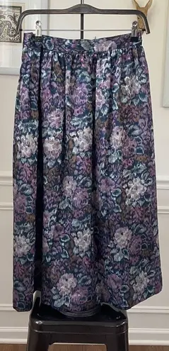 Vintage 90s Milanese Satin Tapestry Floral Print MIDI Skirt S Purple