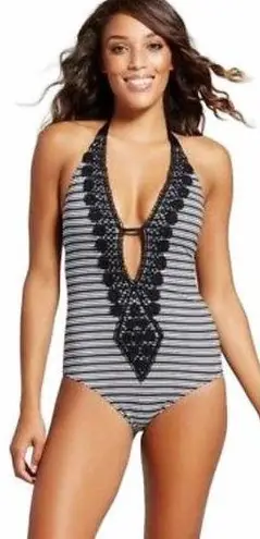 Mossimo Crochet Trim Black White Stripe Halter Plunge One Piece Swimsuit Small