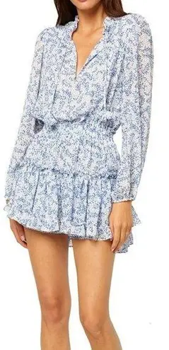 MISA Los Angeles Lorena Dress White and Blue Floral Print Tiered Swing XS XSmall