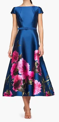 Kay Unger NEW Ina Peony Floral Belted Blue Pink Midi Dress, Size 6 MSRP $318 - Image 1