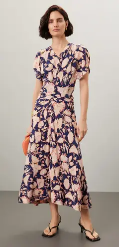 ALC Frank A.L.C. Remy Navy Pink Floral Print Silk Blend Short Sleeve Midi Dress Size 4