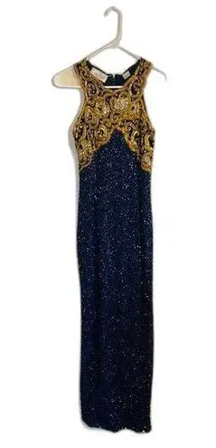 Laurence Kazar Vtg Halter Beaded embellished silk formal gown dress blue gold L