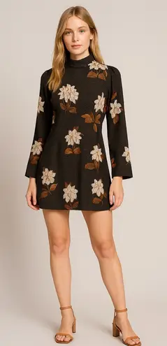 Stone Cold Fox Long Sleeve Silk Mini Dress Floral Brown 1 XS