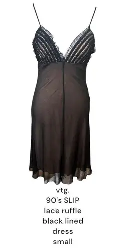 Vintage 90's lace trim lined ruffle slip dress small. Made in U.S.A. Black