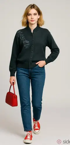 Vintage 80s 90s Gray Embroidered Knit Cardigan Floral Appliqué Medium