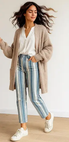 American Eagle Striped Mom Jeans Size 0 Blue White Cotton High Rise Retro Trendy