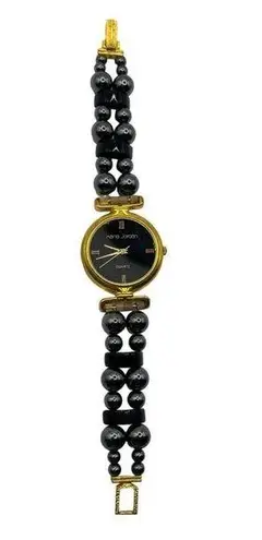 Vintage Kara Jordan Quartz Watch With Black Beaded Bracelet & Gold Accents A32