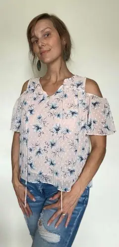 Moon River Top Cold Shoulder Pink Floral Appliqué Blouse