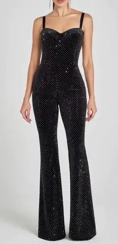NADINE MERABI Roxanne Crystal Velvet Flare Leg Jumpsuit Black Size XL