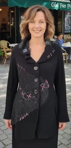 SIONI STUDIO Black Gray Whipstitch Patchwork Cardigan Sweater Big Buttons Large