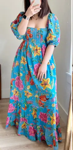 Farm Rio Toucans Garden Blue Floral Puff Sleeve Open Back Midi Dress XS