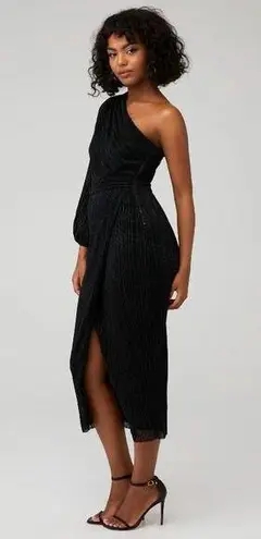 Saylor Midi Dress Alora Plissé One Shoulder SlitHem Black Metallic Size M0