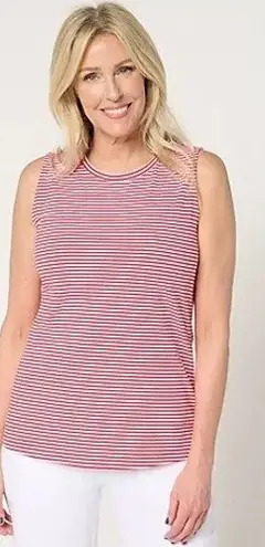 Denim & Co Medium Cardinal Essentials Set of Striped Tank and Solid Top A692018 Red