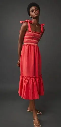 Cara Cara NYC Jenny Hibiscus Linen Smocked Tie Shoulder Midi Dress Size S