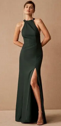 BHLDN Lennox Halter Open-Back Side-Slit Stretch Crepe Gown in Dark Emerald