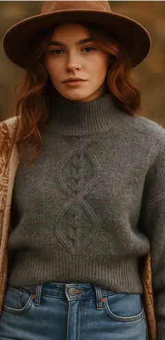 VERO MODA Gray Cable Knit Mock Neck Cropped Sweater Size Small