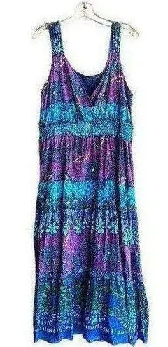 Vibrant Bright Tropical Boho Sleeveless MIDI/Maxi Dress in  Purple, Blue & Green